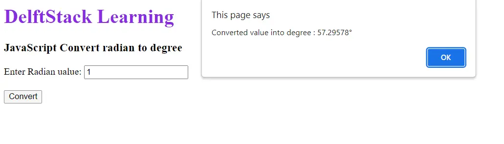 JavaScript Convert Radians to Degrees - Output