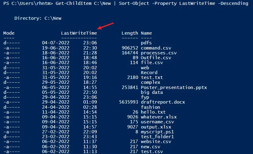 Sort Objects by LastWriteTime Property in PowerShell