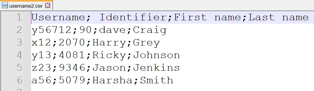 username2 CSV file