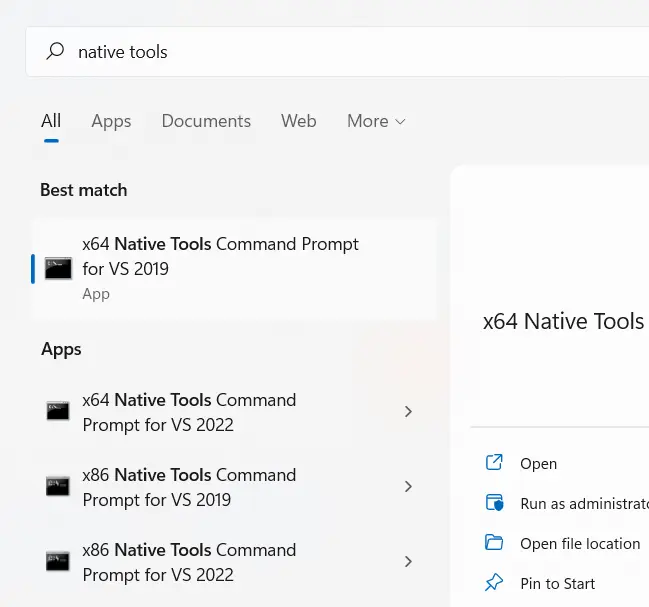 Open Native Tools Command Prompt