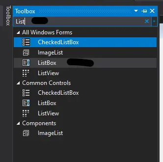 buscar ListBox en el panel ToolBox