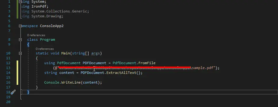C# PDF 읽기 - IronPDF에 대한 예제 코드