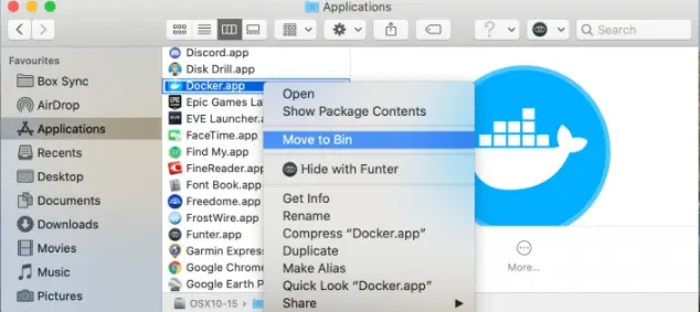localiser l’application docker dans le dossier des applications