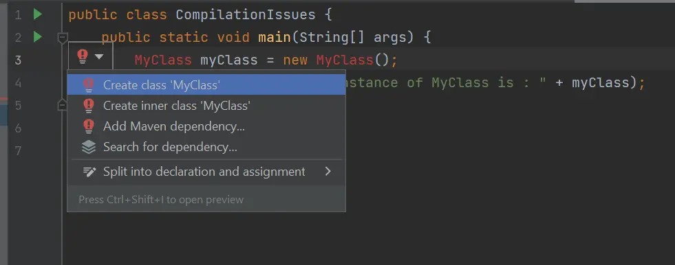 Vorschläge des Editors zur Vermeidung von Kompilierungsproblemen durch den Intellij-Editor oder die IDE