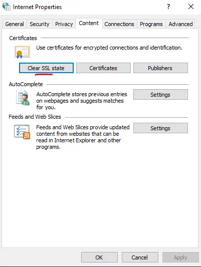 haga clic en borrar estado SSL en la pestaña de contenido en las propiedades de Internet
