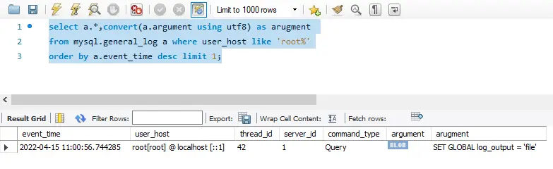 最後のクエリの mysql コマンド履歴ワークベンチ