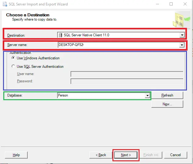 copier des données d’une base de données à une autre - sélectionner la destination dans le serveur mssql