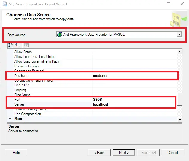 copier les données d’une base de données à une autre - sélectionner le serveur de port source dans le serveur mssql