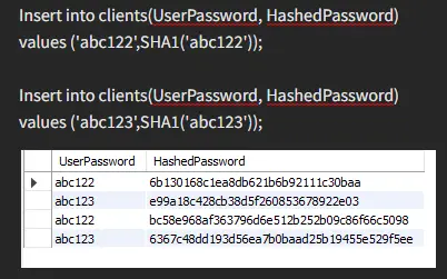 insert into clients using sha1
