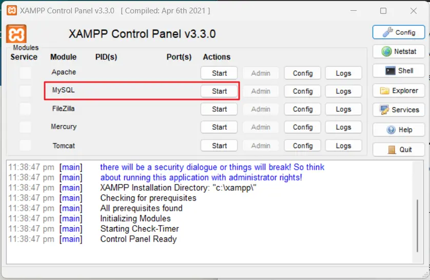 start mysql in xampp