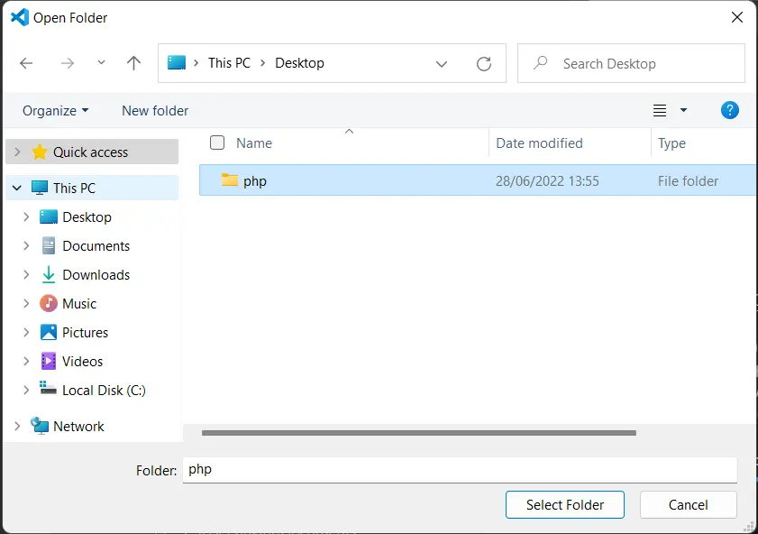 Sélection d’un dossier dans VS Code