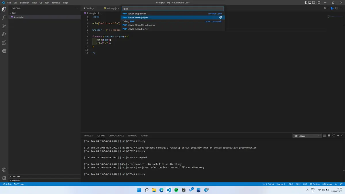 Démarrage du serveur PHP