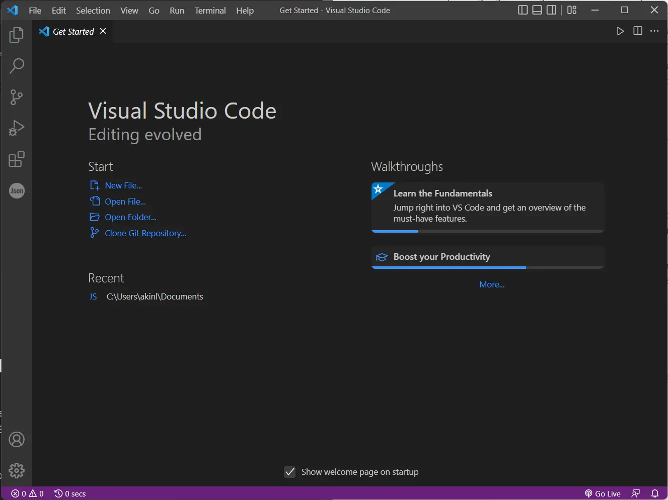 Écran avant de Visual Studio Code