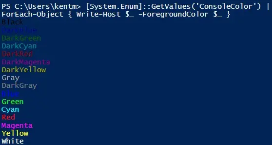 使用 Write-Host 顯示字體顏色的顏色值