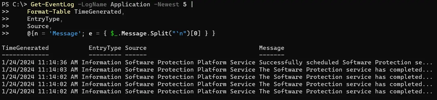 powershell mehrzeilige Befehle - Ausgabe 3