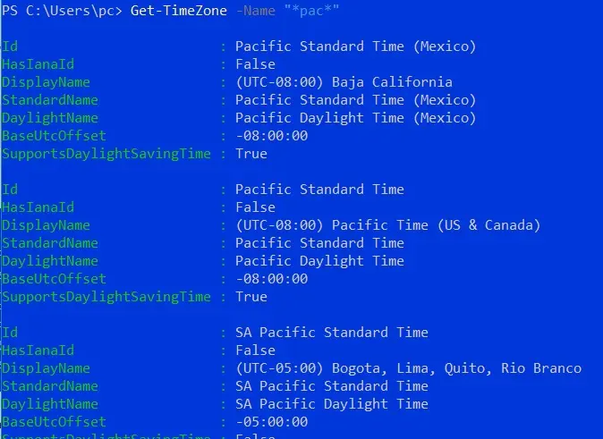 Get-Timezone Pazifische Zeitzonen