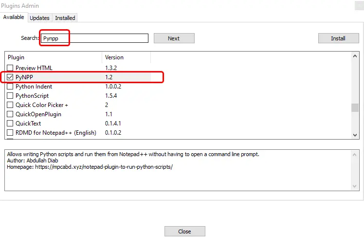Click the checkbox besides PyNPP