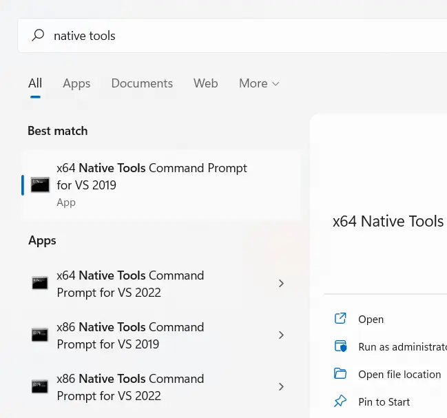 Öffnen Sie die Eingabeaufforderung für native Tools