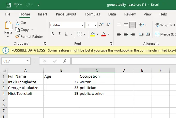 Excel 스프레드시트의 React 데이터