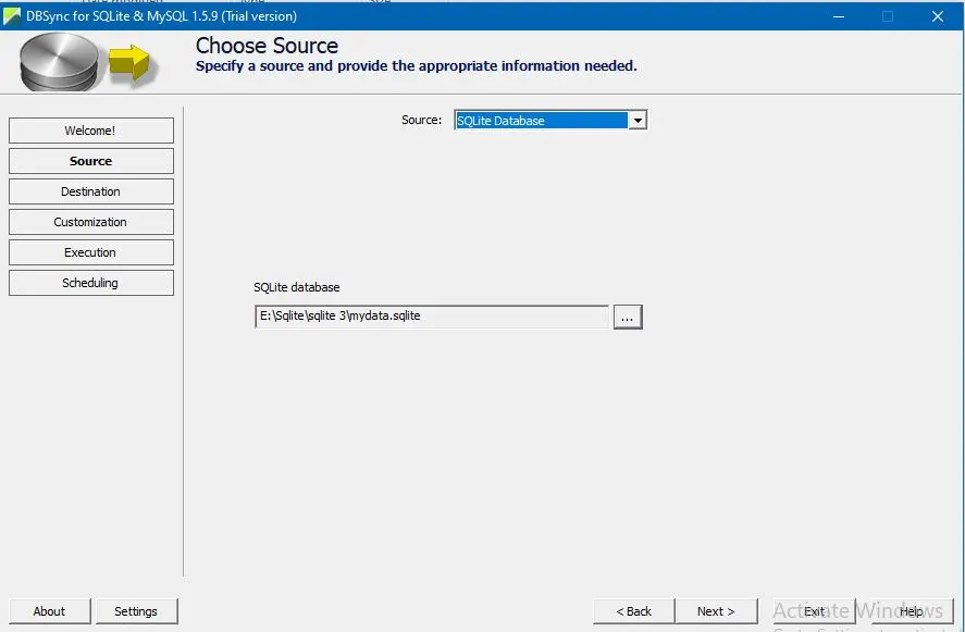Pestaña Fuente Seleccionar base de datos SQLite