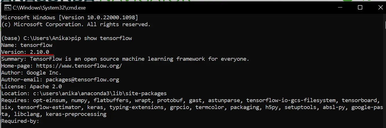 Verifique la versión de tensorflow a través del símbolo del sistema