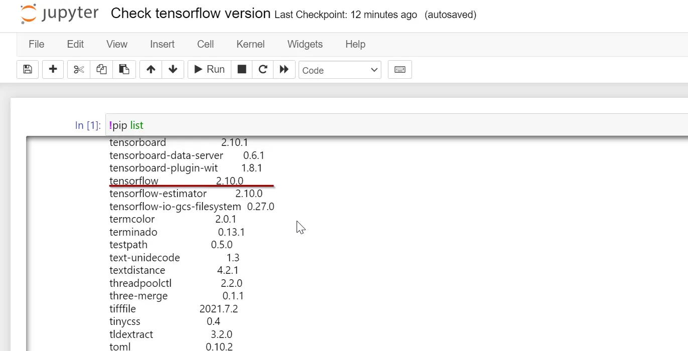 Verifique la versión de tensorflow con la lista de pip