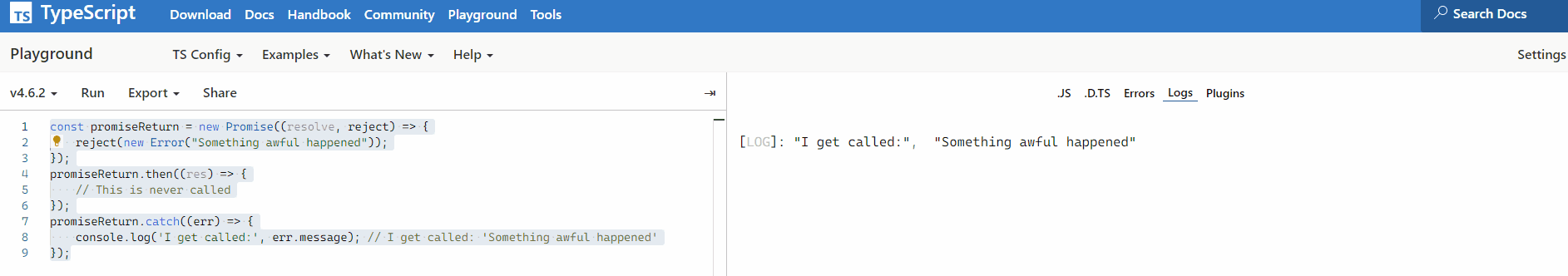Output Using Reject in Promise in TypeScript