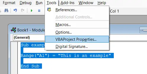 ツール オプションで VBAproject プロパティを選択