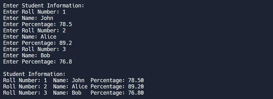 Array of Structs in C - Output 2