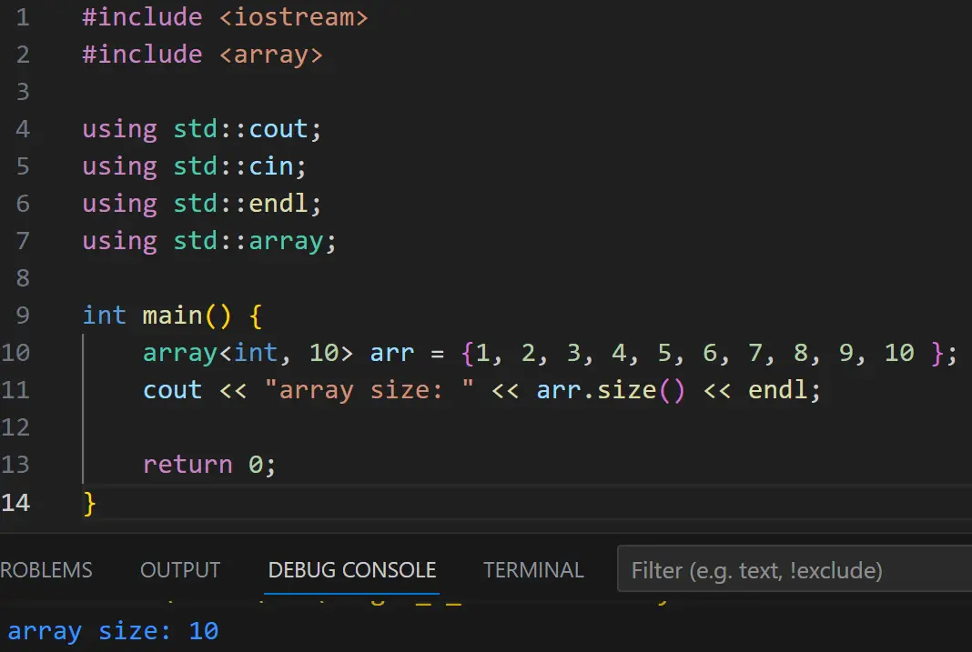 How to find length of an array in Cpp using array.size function