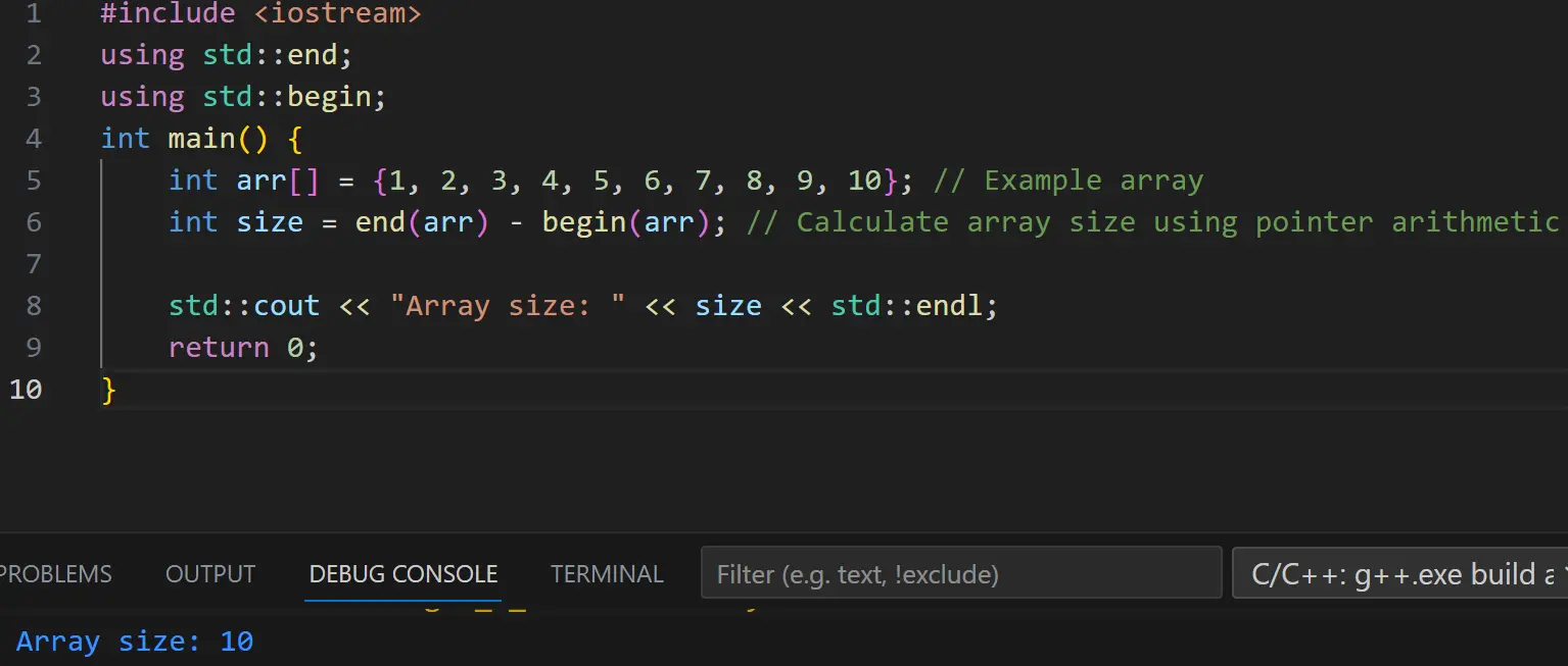 How to find length of an array in Cpp using end - begin functions