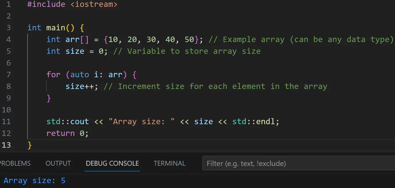 How to find length of an array in Cpp using for loop