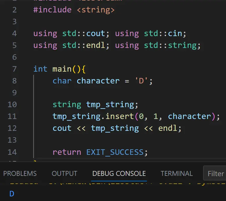 convert char to string cpp using insert