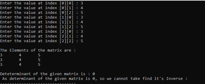 Output for Singular Matrix