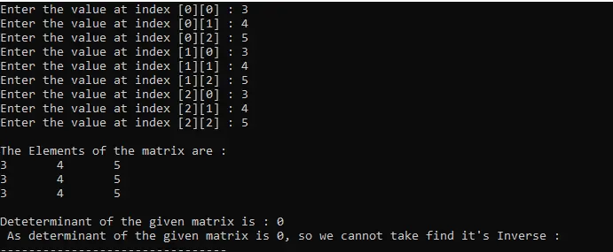 Salida para matriz singular