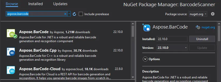 NuGet_org から Aspose_Barcode パッケージをダウンロードしてインストール