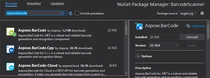 NuGet_org에서 Aspose_Barcode 패키지 다운로드 및 설치