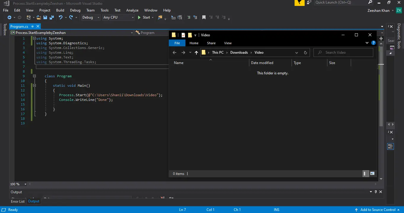 C# で Process.Start を使用してフォルダーを開く