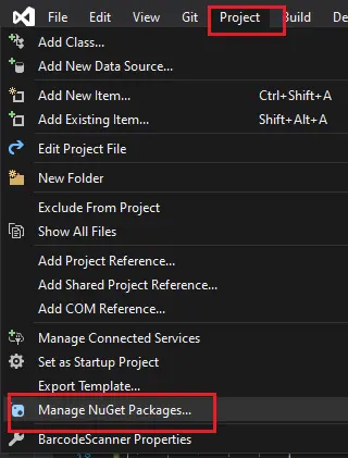 Select Manage NuGet Packages in the Project Tab