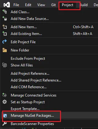 Seleccione Administrar paquetes NuGet en la pestaña Proyecto