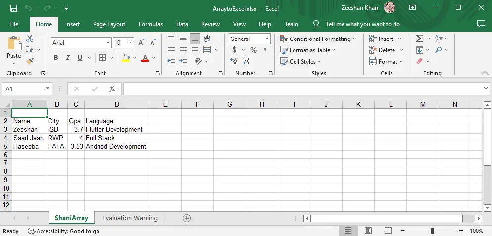 C#-Array nach Excel exportieren – Ausgabe