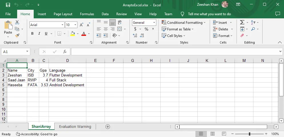 C# Export Array to Excel - Output