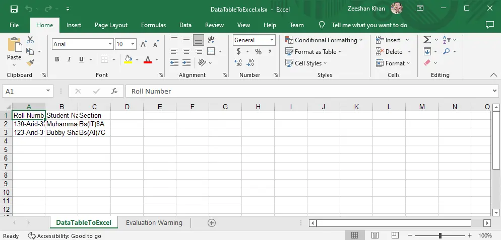 C# Export DataTable to Excel - Output