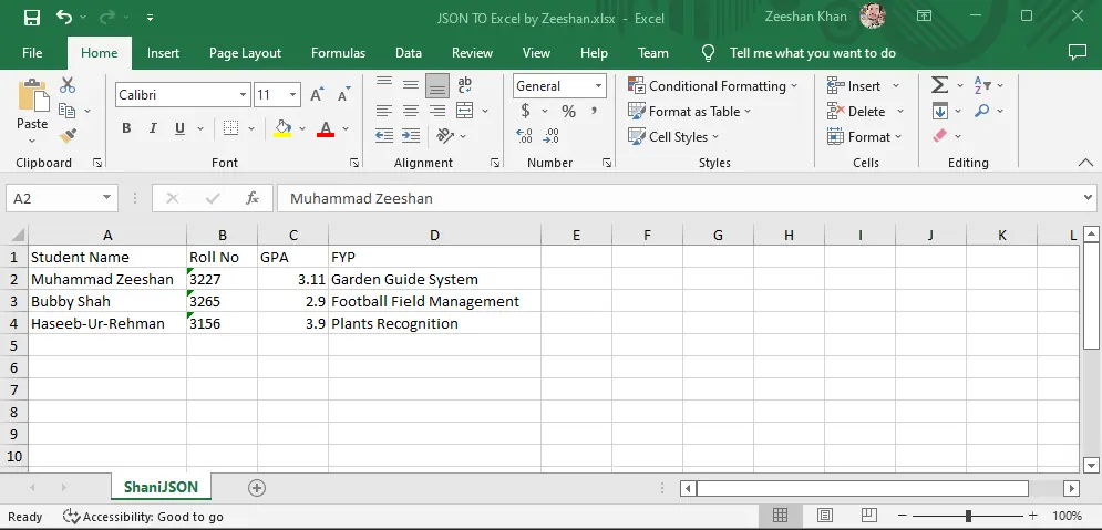 C# Export JSON to Excel - Output