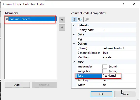 set properties of column