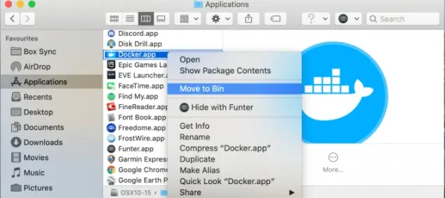 locating docker application in applications folder