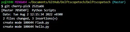 Use el comando git cherry-pick para copiar los cambios de la confirmación de Python Script a la rama maestra