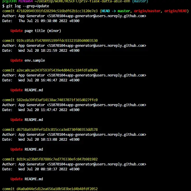 Use el comando git log para mostrar el mensaje de confirmación que tiene Actualización