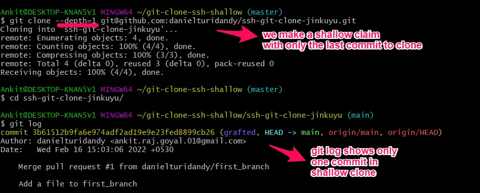 git clon superficial ssh