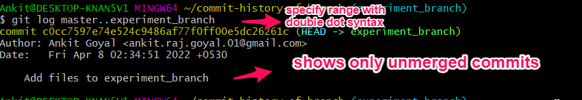 git commit history for branch doubledot syntax